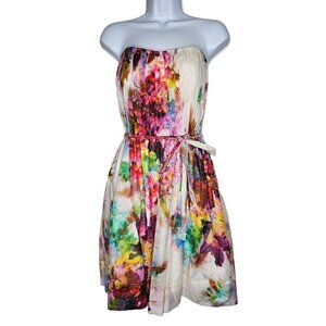 Y2K Pleated Strapless White Watercolor Floral Dress by SIngle Women's Small